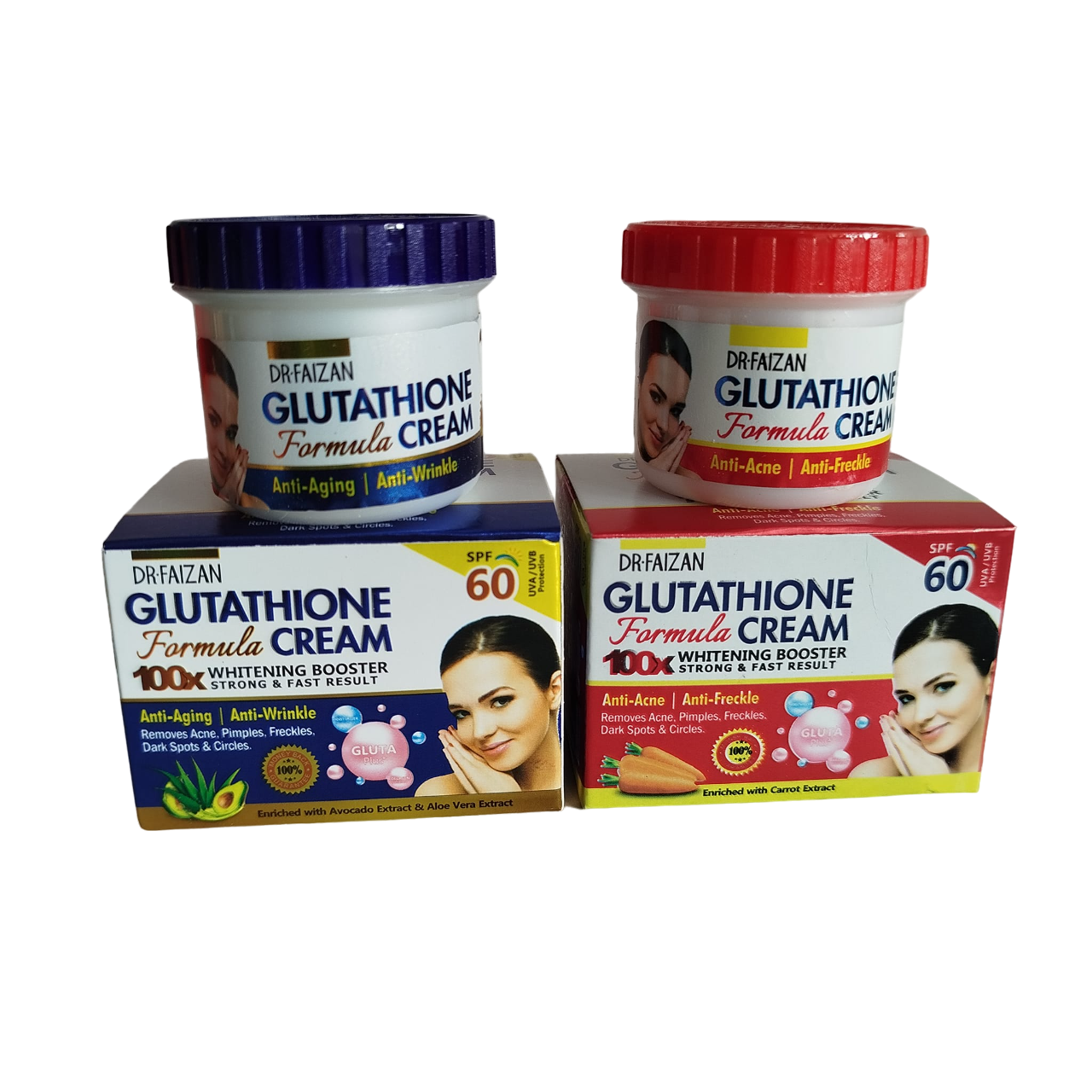 DR Faizan Glutathione Anti-WRINKLE & Anti-AGING Face Cream SPF 60 + Anti-ACNE & Anti-FRECKLE FACE Cream SPF 60 with Collagen, Gluta Plus & CARROT. Moisturizes, Evens, Treats Pimples, Acne & Dark Spots