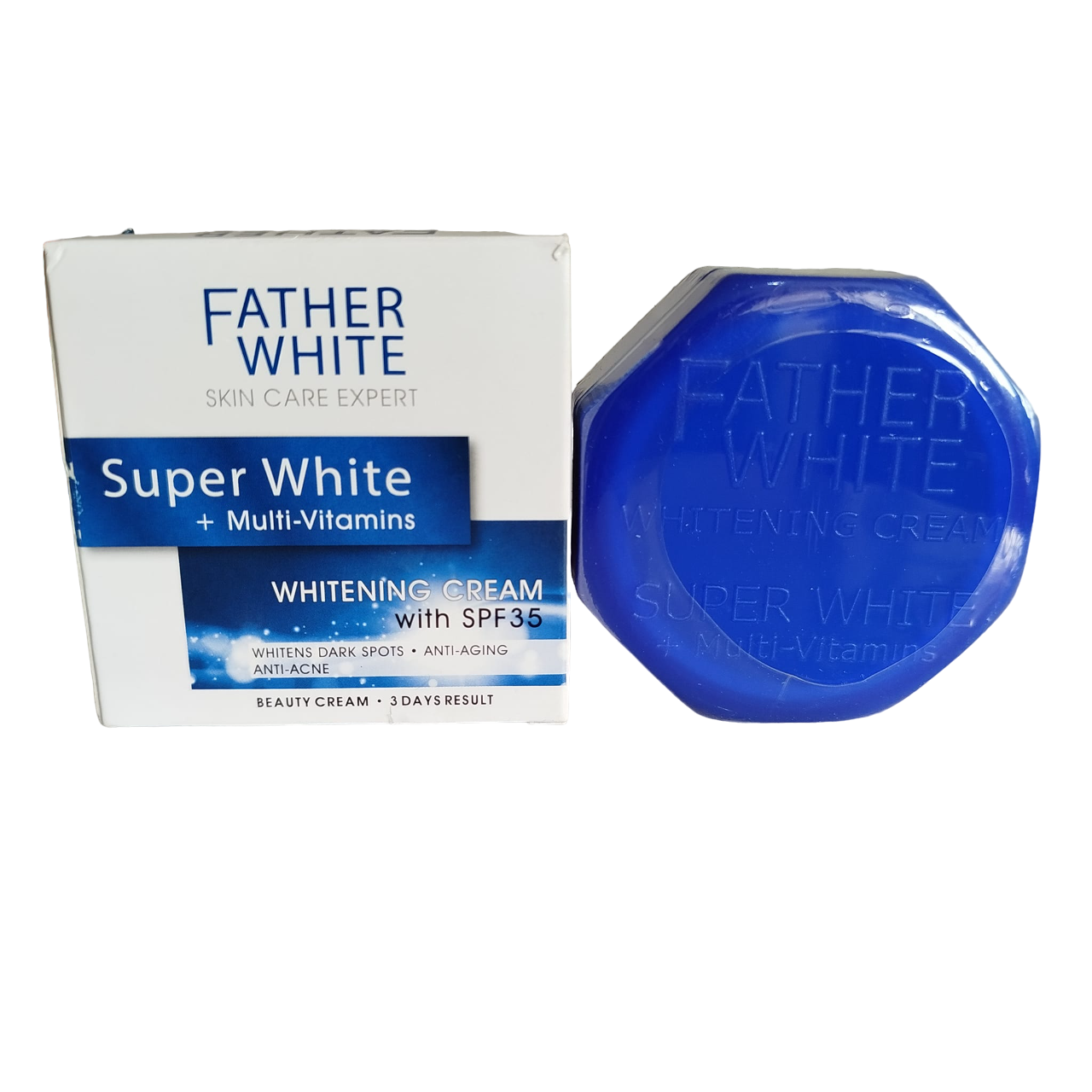 Father White Super white Face Cream with SPF 35. Whiten Dark Spots, Removes Acne, Prevent Skin Aging, Prevent Sun Damage, Moisturizes, Evens, Boosts Collagen Production & Prevent Premature aging