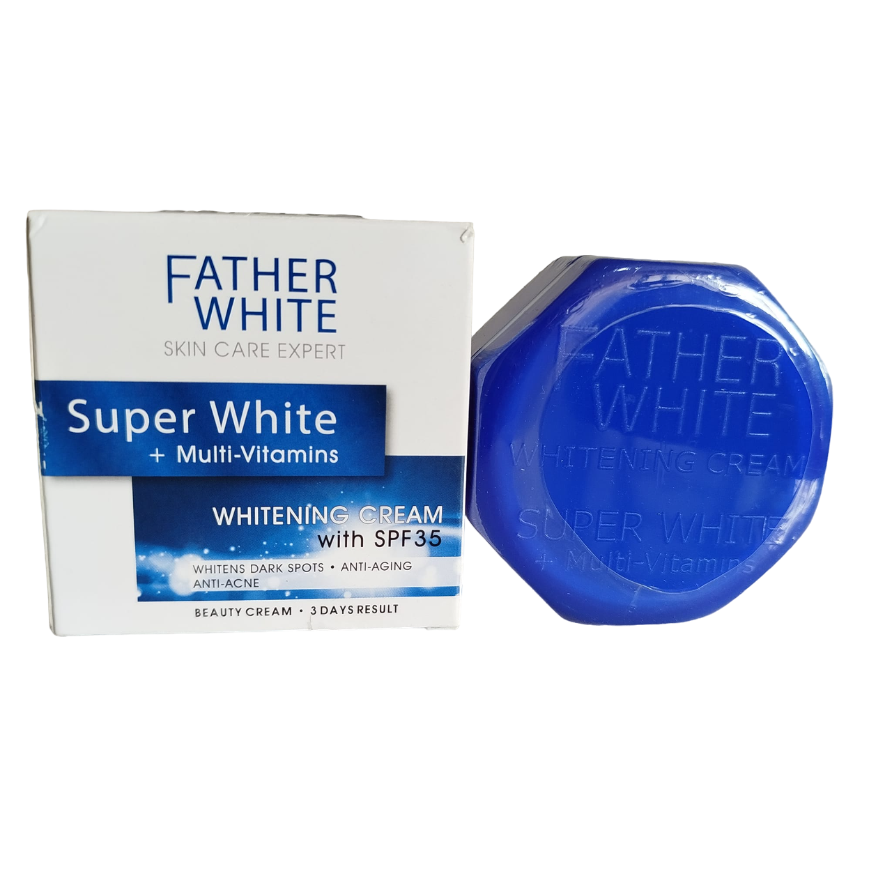 Father White Super white Face Cream with SPF 35. Whiten Dark Spots, Removes Acne, Prevent Skin Aging, Prevent Sun Damage, Moisturizes, Evens, Boosts Collagen Production & Prevent Premature aging