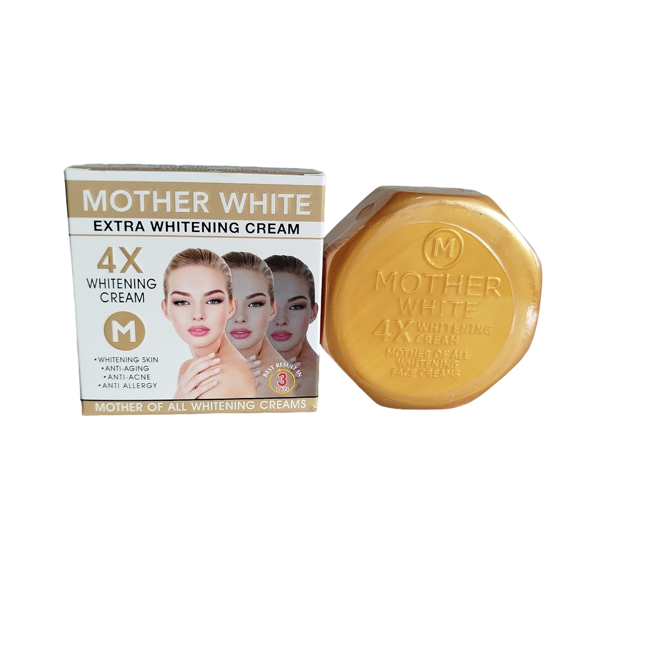 Mother White 4x Whitening Face Cream. Whitens Dark Spots, Is Anti-Aging, Removes Acne, Pimples, Wrinkles, Marks, Under Eye Shadow, Blemishes, Anti-Allergy, Moisturizes, Brightens & Prevent Sun Damage.