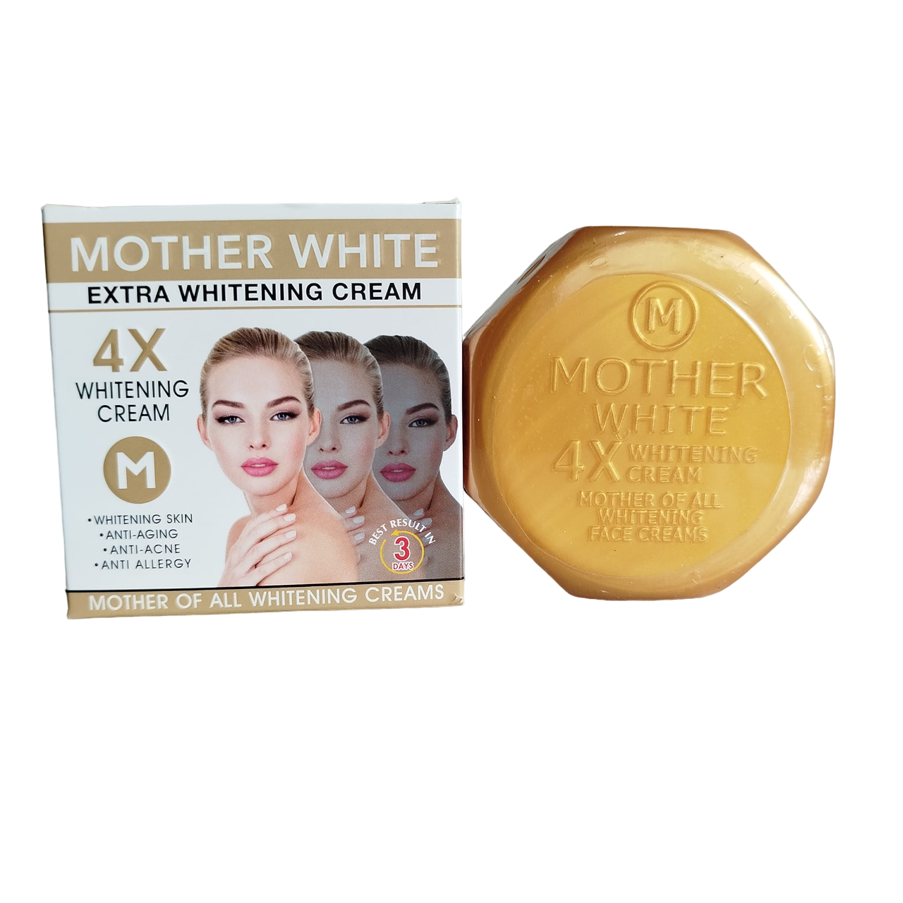 Mother White 4x Whitening Face Cream. Whitens Dark Spots, Is Anti-Aging, Removes Acne, Pimples, Wrinkles, Marks, Under Eye Shadow, Blemishes, Anti-Allergy, Moisturizes, Brightens & Prevent Sun Damage.