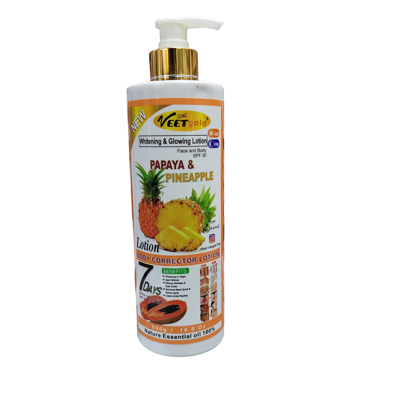 Veet Gold PAPAYA & PINEAPPLE Face & Body Lotion SPF30 for AM & PM. Moisturizes, Glows, Remove Dark Spots, Wrinkles, Dark Circles, Brown Spots, White Patches, Exfoliates, Anti-Aging, Brightens & Evens