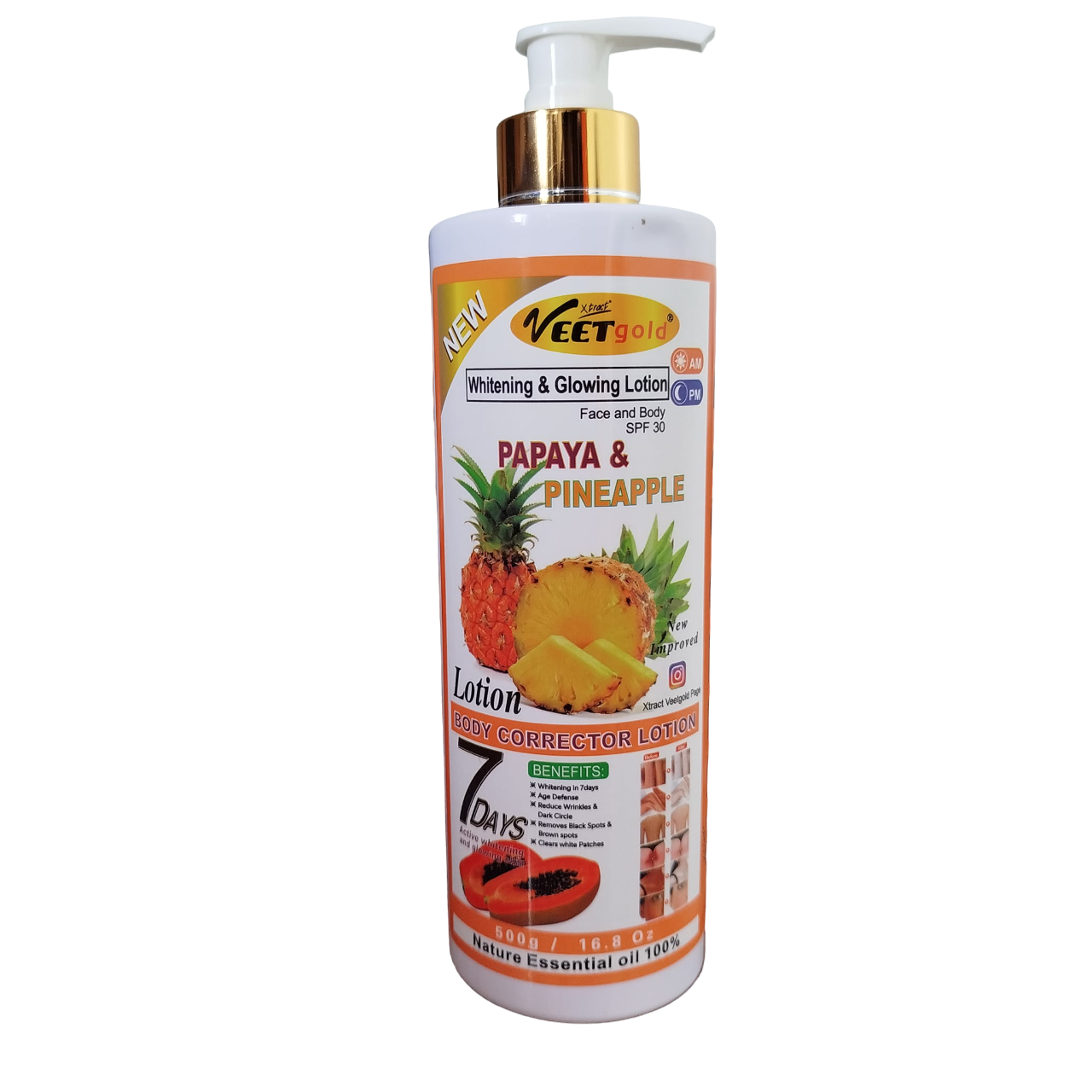 Veet Gold PAPAYA & PINEAPPLE Face & Body Lotion SPF30 for AM & PM. Moisturizes, Glows, Remove Dark Spots, Wrinkles, Dark Circles, Brown Spots, White Patches, Exfoliates, Anti-Aging, Brightens & Evens