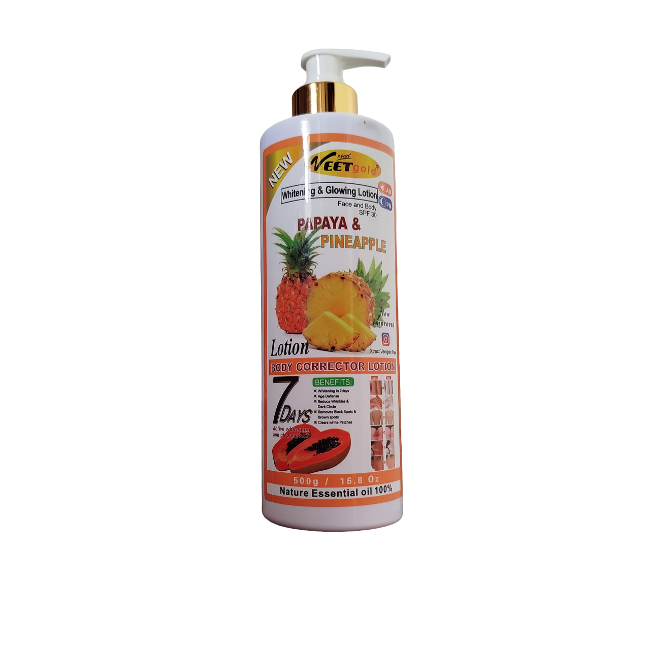 Veet Gold PAPAYA & PINEAPPLE Face & Body Lotion SPF30 for AM & PM. Moisturizes, Glows, Remove Dark Spots, Wrinkles, Dark Circles, Brown Spots, White Patches, Exfoliates, Anti-Aging, Brightens & Evens