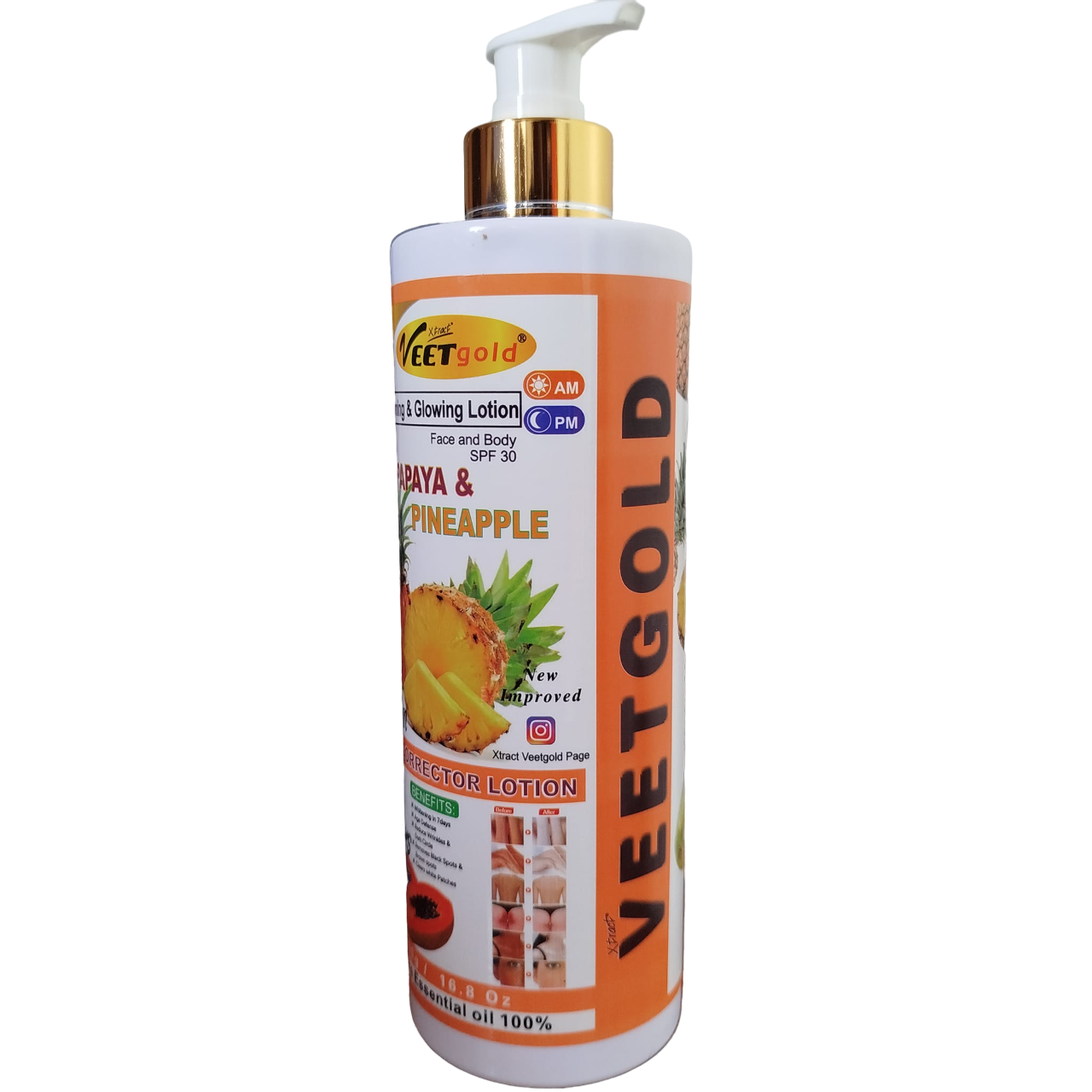 Veet Gold PAPAYA & PINEAPPLE Face & Body Lotion SPF30 for AM & PM. Moisturizes, Glows, Remove Dark Spots, Wrinkles, Dark Circles, Brown Spots, White Patches, Exfoliates, Anti-Aging, Brightens & Evens