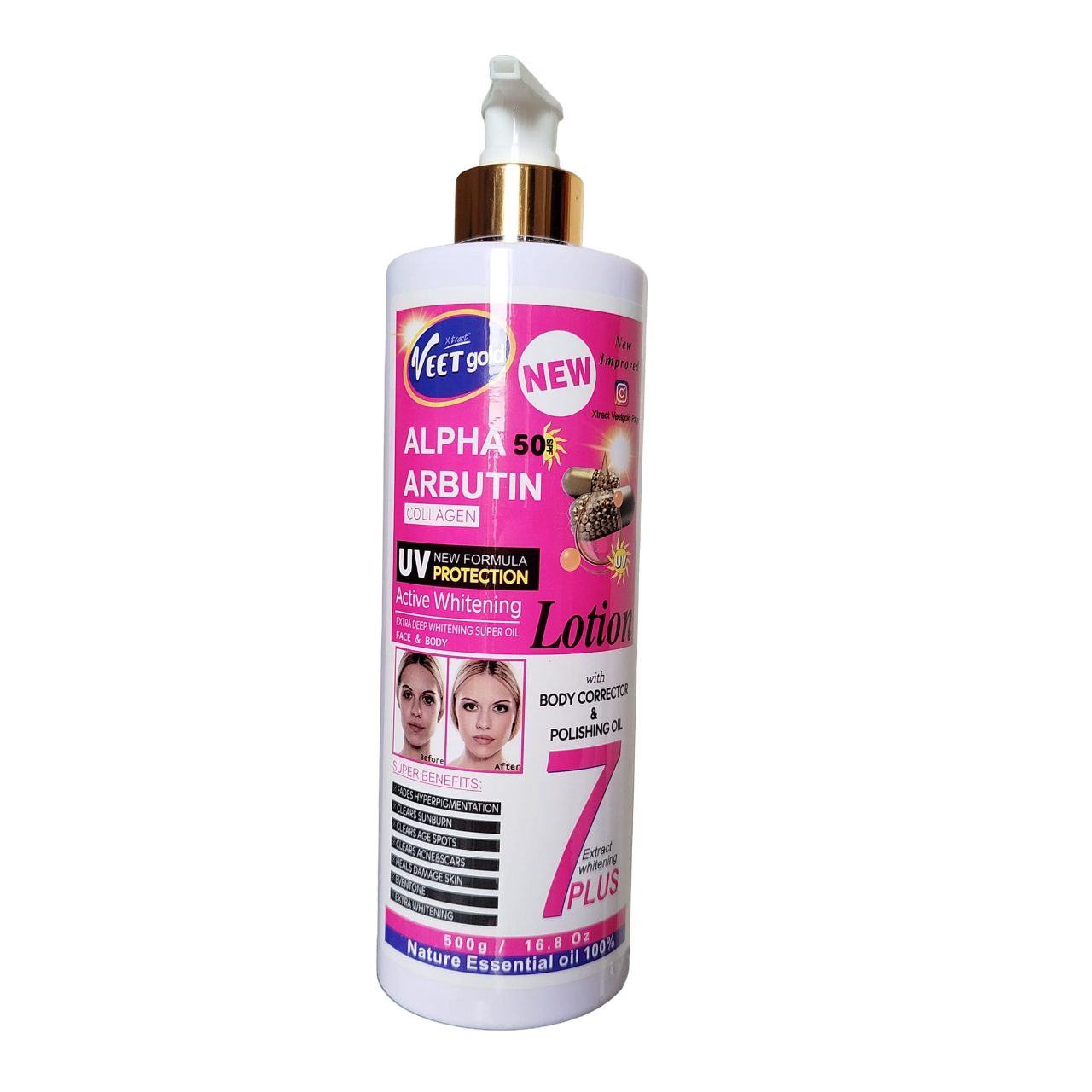 Veet Gold ALPHA ARBUTIN & Collagen Face & Body Lotion SPF50. Clears ACNE, Scars, Age Spots, Sun Burns, Fades Hyperpigmentations, Evens, Polishes, Glows, Lightens Dark Spots & Offers UV- Protection