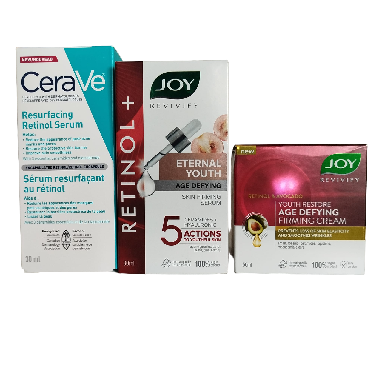 Cerave Retinol Resurfacing Serum + Joy Retinol Age Defying Face Serum + Retinol Face Cream. Removes Dark Spots, Acne Marks, Wrinkles, Anti-Aging, Exfoliates, Smooths & Hydrates, Improve Elasticity