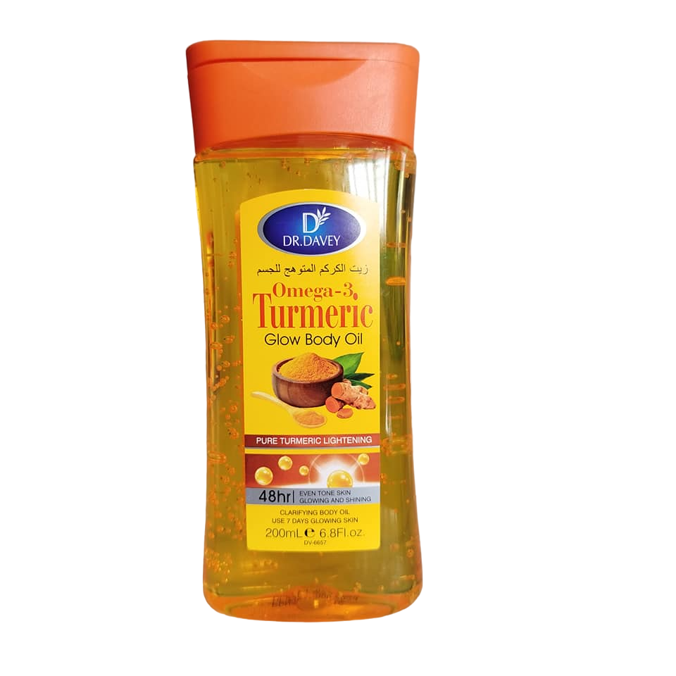 Dr Davey Turmeric & Omega 3 Glowing Body Oil. Moisturizes, Glows, Evens the skin tone, Shines the skin, Clarifies, Removes skin dullness, Lightens & Replenishes