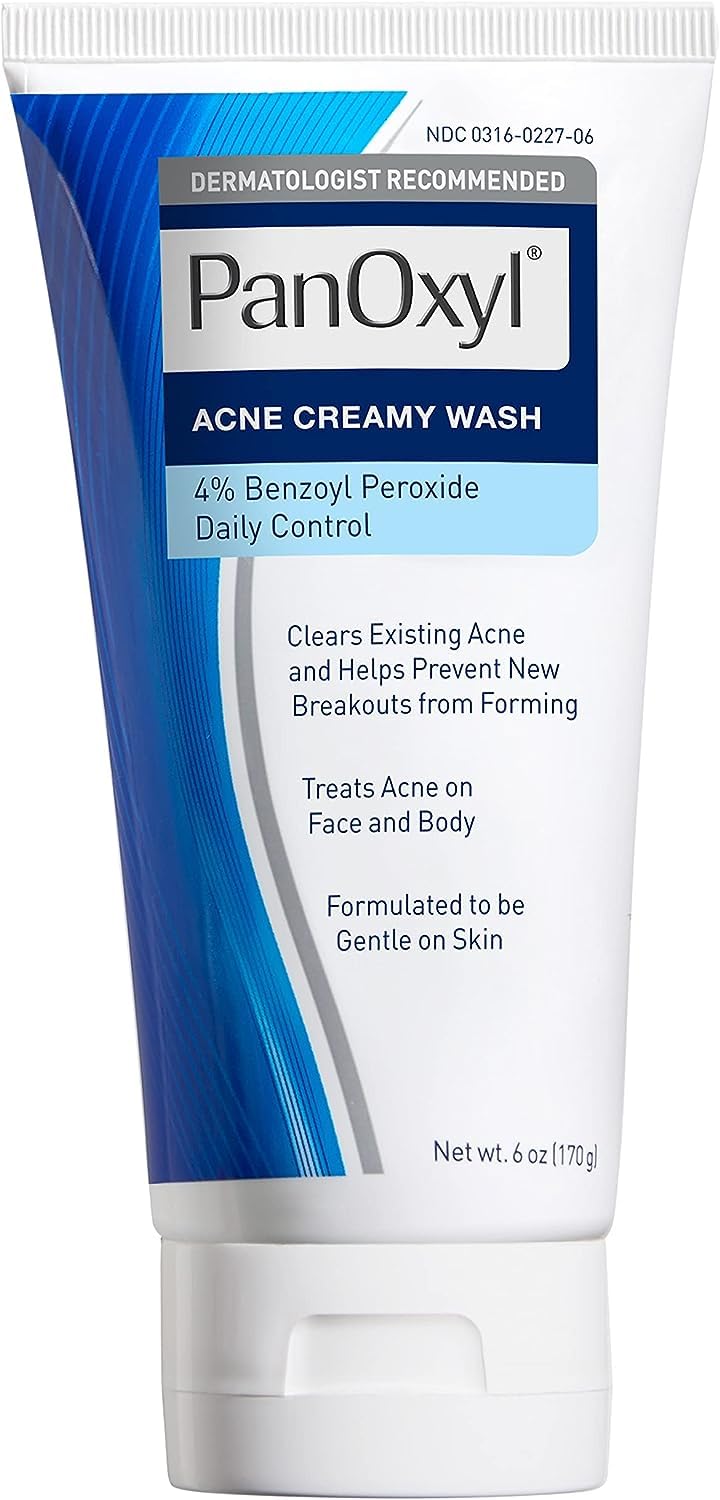 PanOxyl  Acne Creamy Wash with  4% Benzoyl Peroxide Daily Control . Removes Pimples, Treats Acne, Cleans, Unclogs pores, Clears Breakouts, Hydrates, Moisturizes & Treats Acne on Chest, Face & Back.
