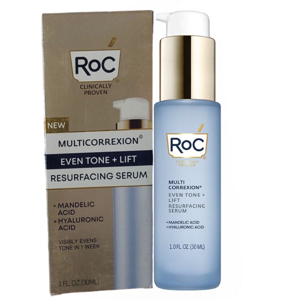 RoC Even Tone + Lift Resurfacing Face Serum with Mandelic Acid. Moisturizes, Brightens, Evens skin tone, Smooths lines, Clears skin, Removes Dark Spots, Discolorations & Lifts the skin. NIGHT SERUM