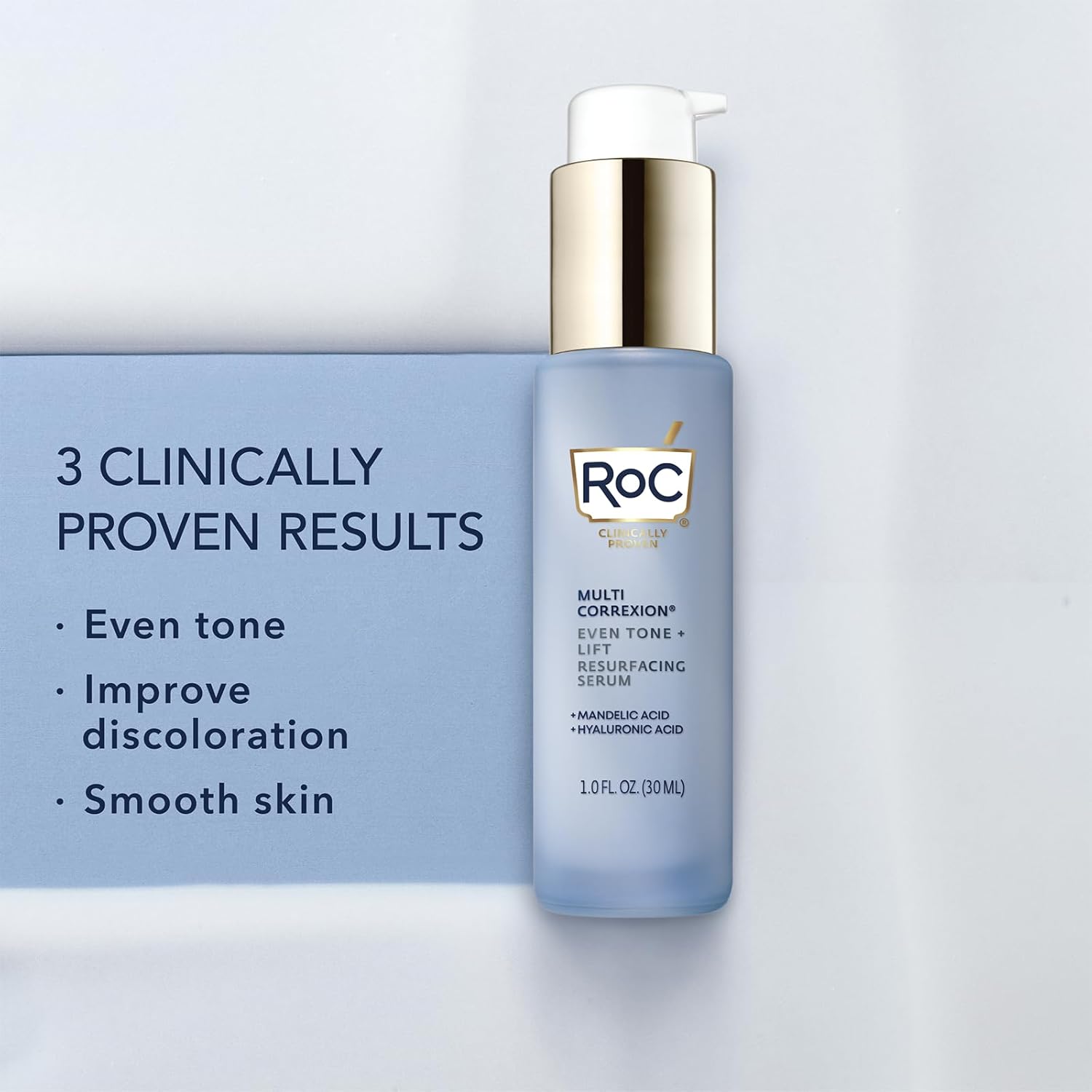 RoC Even Tone + Lift Resurfacing Face Serum with Mandelic Acid. Moisturizes, Brightens, Evens skin tone, Smooths lines, Clears skin, Removes Dark Spots, Discolorations & Lifts the skin. NIGHT SERUM