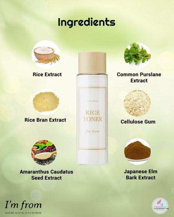 IM FROM Rice Toner. Moisturizes, Exfoliates, Brightens Dull Skin, Removes Impurities, Dark Spots, Wrinkles, Fine Lines, Boosts collagen production, Tones, Glows, Smooths, Evens & Calms irritation