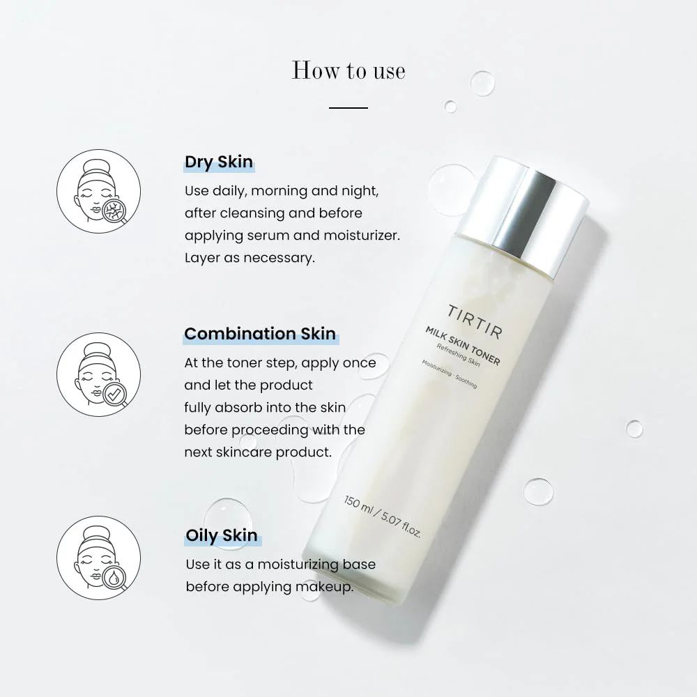 TIRTIR Milk Skin Toner with Niacinamide, Ceramide, Rice Bran Extract. Moisturizes, Remove Dark Spots, Acne, Brightens, Glows, Gives You GLASS SKIN Appearance, Soothes, Evens the skin tone and Smooths