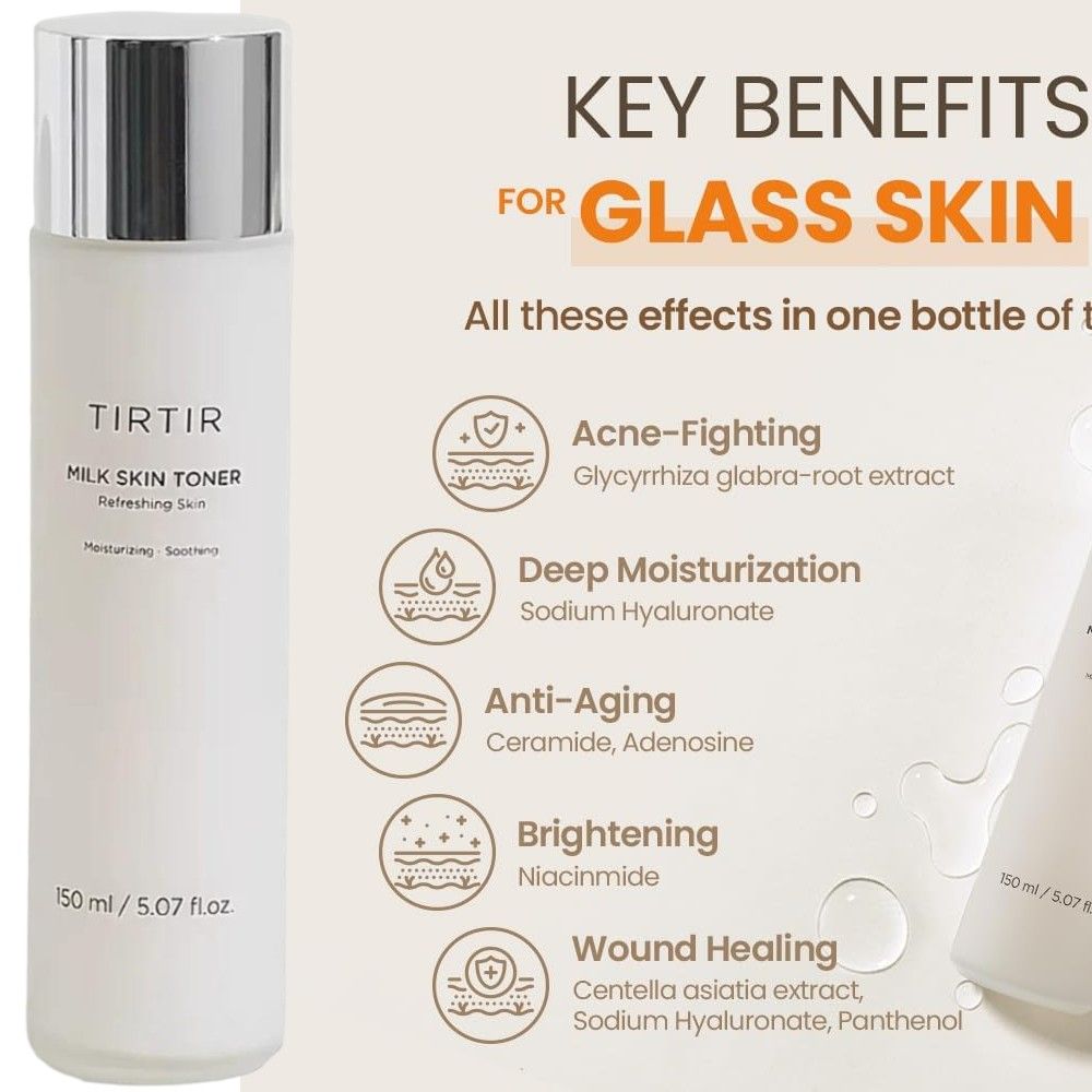 TIRTIR Milk Skin Toner with Niacinamide, Ceramide, Rice Bran Extract. Moisturizes, Remove Dark Spots, Acne, Brightens, Glows, Gives You GLASS SKIN Appearance, Soothes, Evens the skin tone and Smooths
