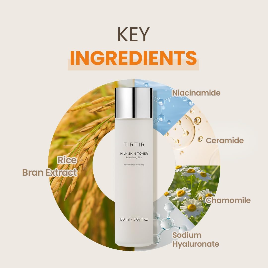 TIRTIR Milk Skin Toner with Niacinamide, Ceramide, Rice Bran Extract. Moisturizes, Remove Dark Spots, Acne, Brightens, Glows, Gives You GLASS SKIN Appearance, Soothes, Evens the skin tone and Smooths