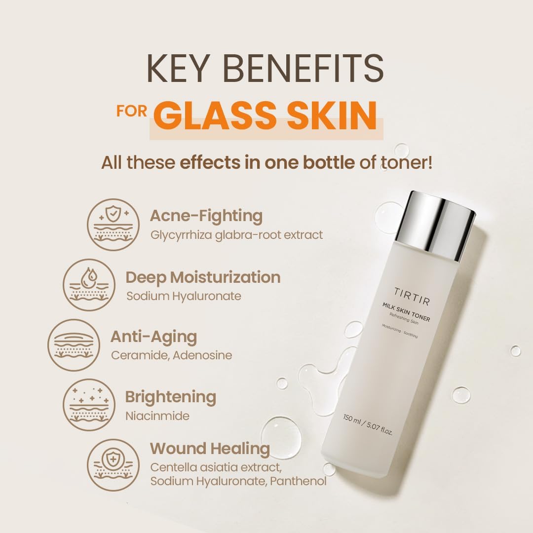 TIRTIR Milk Skin Toner 150ml with Niacinamide, Ceramide, Rice Bran Extract. Moisturizes, Remove Dark Spots, Acne, Brightens, Glows, Gives You GLASS SKIN Appearance, Soothes, Evens the sskin,Smooths