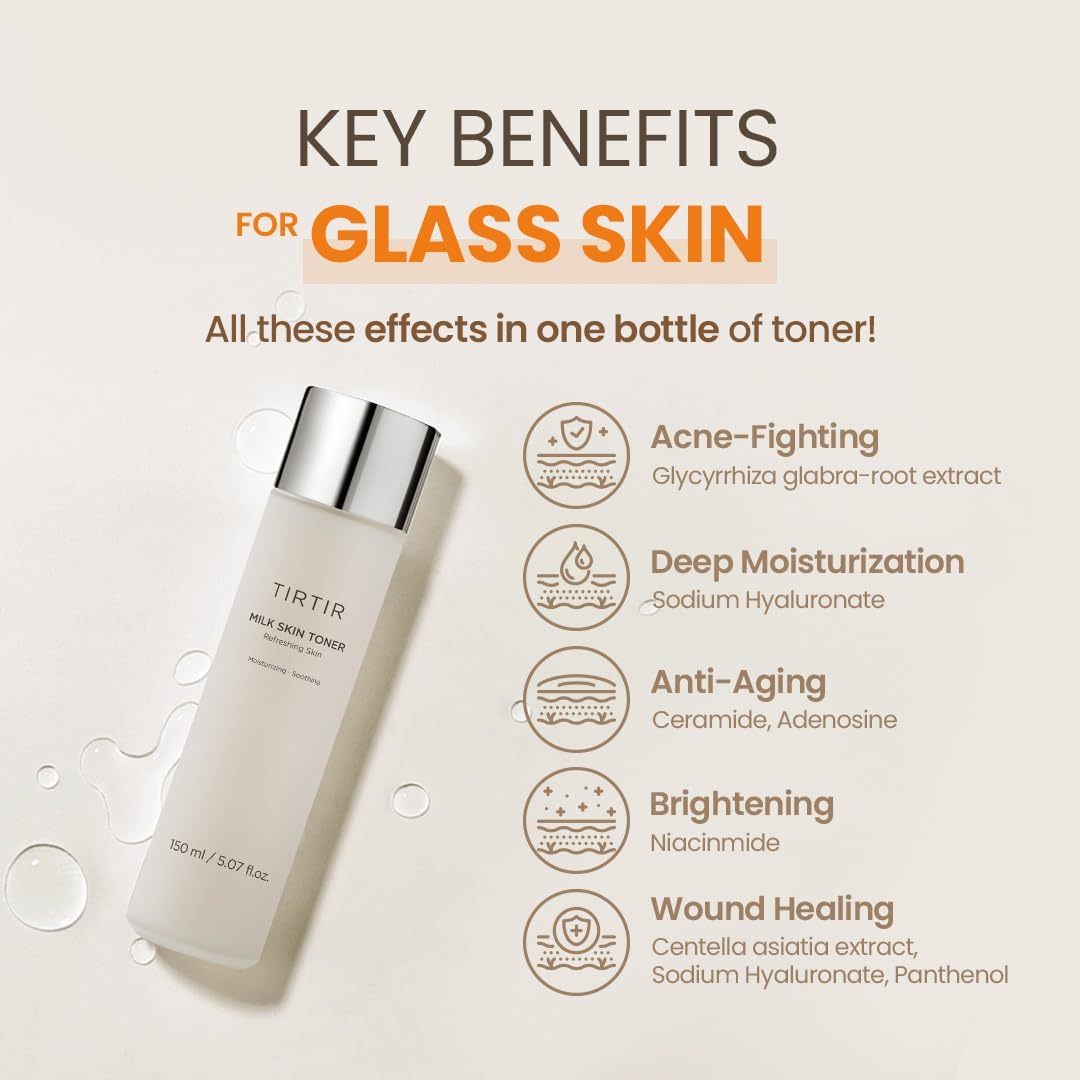 TIRTIR Milk Skin Toner 150ml with Niacinamide, Ceramide, Rice Bran Extract. Moisturizes, Remove Dark Spots, Acne, Brightens, Glows, Gives You GLASS SKIN Appearance, Soothes, Evens the sskin,Smooths