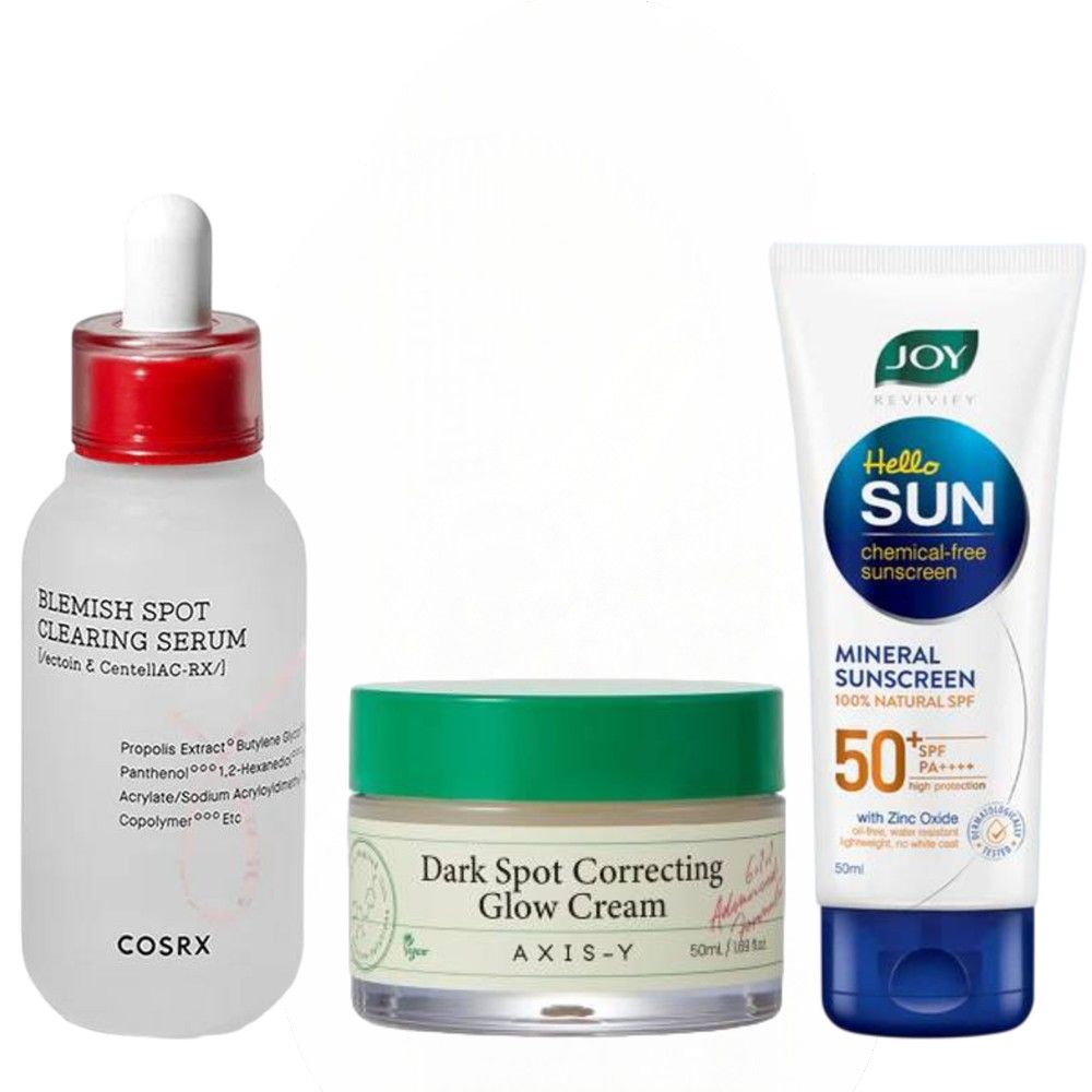 3in1 Skin Care Set Of Cosrx Blemish Spot Clearing Serum with Centella & Niacinamide + AXIS Y Dark Spot Correcting Glow Cream + Joy Hello Sun Chemical-Free Mineral Sunscreen SPF 50. Treats Acne, Scars.