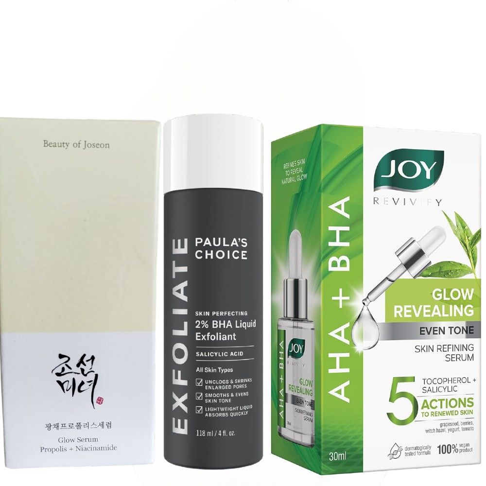 3in1 Skin Care Set of Beauty Of Joseon Glow Serum with Propolis & Niacinamide + Paulas Choice skin perfecting 2% BHA Liquid Exfoliant with Salicylic Acid + Joy AHA & BHA Glow Revealing Even Tone Serum