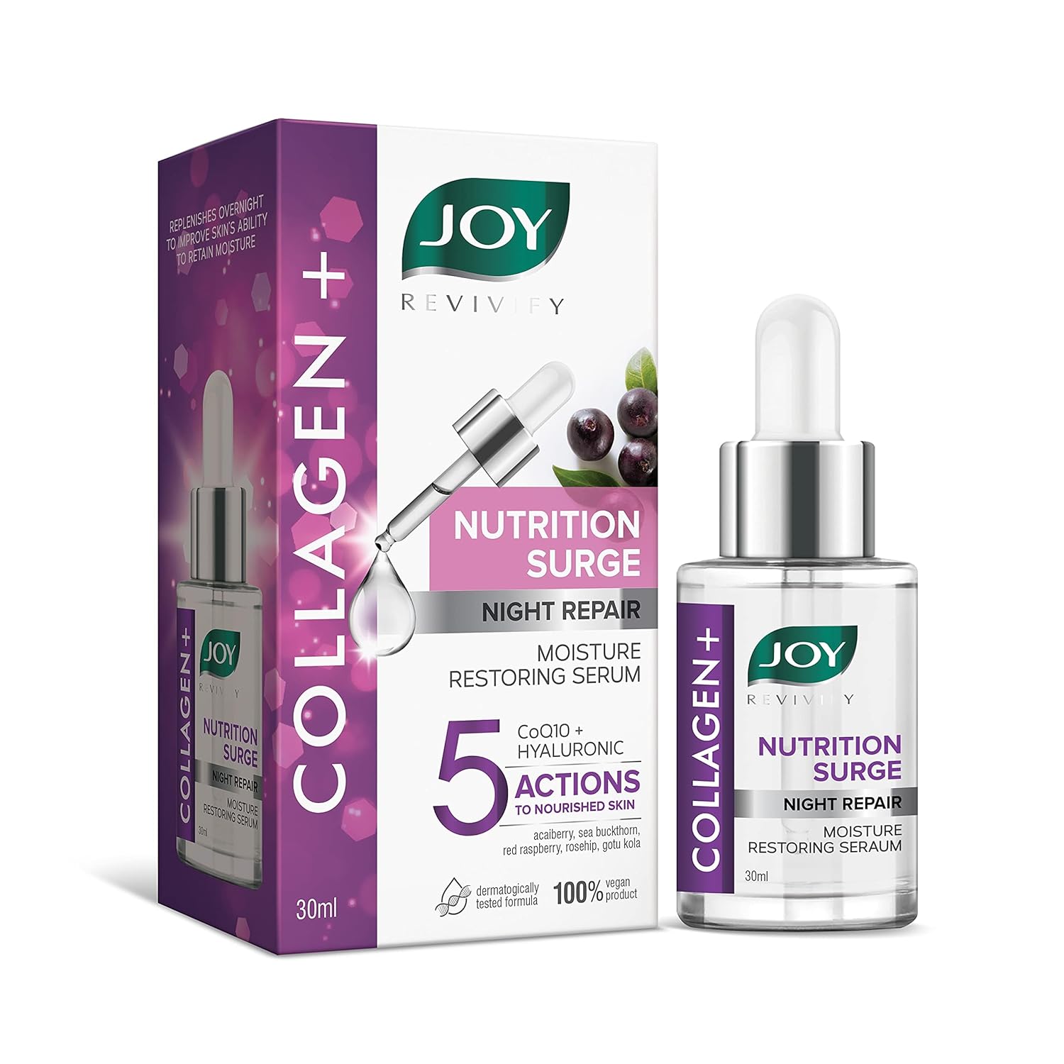 Joy Collagen, CoQ10 & Hyaluronic Acid Nutrition Surge Night Repair Moisture Restoring Face Serum. Firms and tightens skin, repairs and renews skin cells, Moisturizes, Is Anti-Aging, Even the skin tone