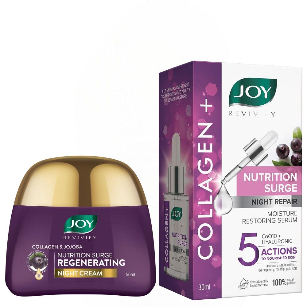 Joy COLLAGEN & JOJOBA Face Night Cream + Joy Collagen, CoQ10 & Hyaluronic Acid Nutrition Surge Night Repair Moisture Restoring Face Serum. Moisturizes, Firms, Remove Wrinkles, Fine Lines & Renews
