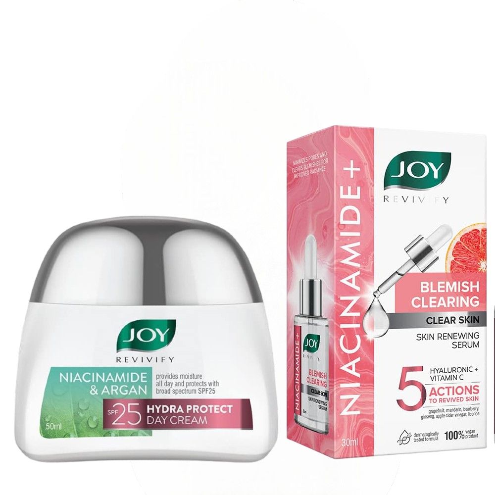 Joy Revivify NIACINAMIDE & ARGAN Hydra Protect Day Cream SPF 25 + Joy Niacinamide Blemish Clearing Skin Renewing Face Serum with Vitamin C. Removes Dark Spots, Blemishes, Acne Marks, Brightens...
