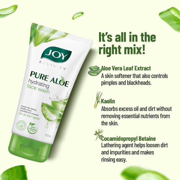 Joy Pure Aloe Vera Hydrating Face Wash. Cleanses, Removes Acne, Pimples, Imperfections, Wrinkles, Dullness, Purifies, Moisturizes, Softens, Remove Dirt, Unclog Pores, and Controls Oil Secretion