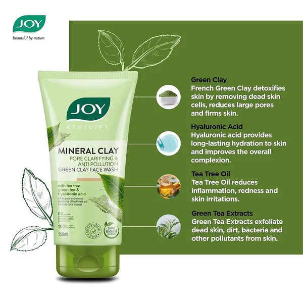 Joy Tea Tree & Green Tea Mineral Clay Pore Clarifying Face wash. Cleanses, Removes Blackheads, Wrinkles, Acne, Dark Spots, Blemishes, Dullness, Firms, Make skin Young, Smooth, Soothes & Unclog Pores.