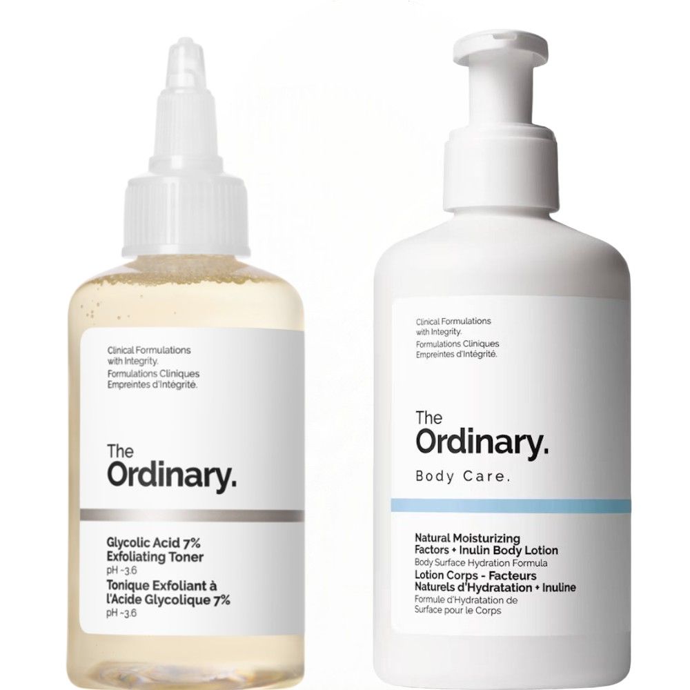 The Ordinary Glycolic Acid 7% Toning Solution + Natural Moisturizing Factor + Inulin Body Lotion. Tones, Exfoliates, Moisturizes, Strengthens the skin barrier, Evens the skin tone & Make skin Radiant