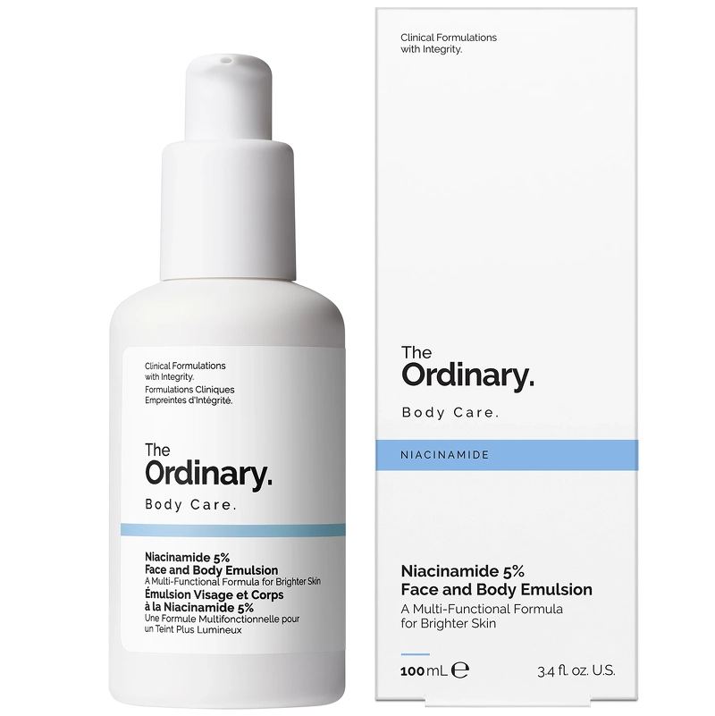 The Ordinary Niacinamide 5% Face and Body Emulsion. Fade the look of Dark spots on the face & body, Brightens, Hydrates, Evens the skin Tone, Improve skin texture, Smooths & Strengthen skin barrier