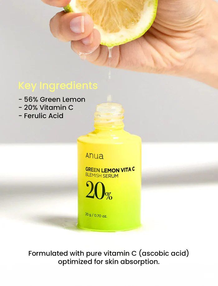 Anua Green Lemon Vita C Blemish Serum with Vitamin C. Brightens, Removes Dark Spots, Discolorations, Wrinkles, Fine Lines, Fades Hyperpigmentations, Moisturizes, Smooths, Makes skin Radiant & Even