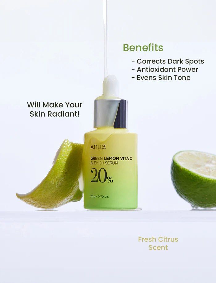 Anua Green Lemon Vita C Blemish Serum with Vitamin C. Brightens, Removes Dark Spots, Discolorations, Wrinkles, Fine Lines, Fades Hyperpigmentations, Moisturizes, Smooths, Makes skin Radiant & Even