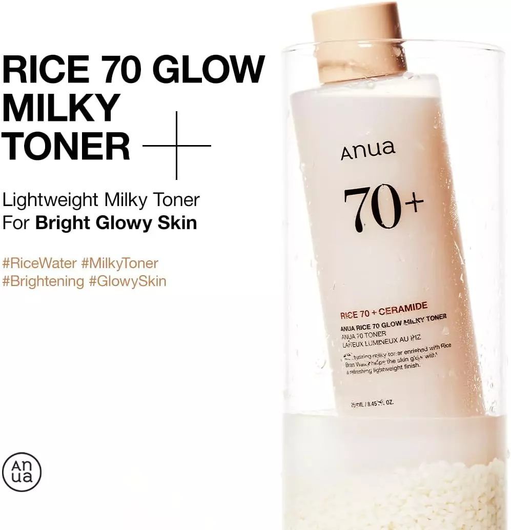 Anua Rice 70 Glow Milky Toner with Niacinamide. Brightens, Evens the skin tone, Smoothens, Moisturizes,Gives a Glowing Glass Skin, Clarifies, Reduce excess oil & sebum and Promotes a radiant look