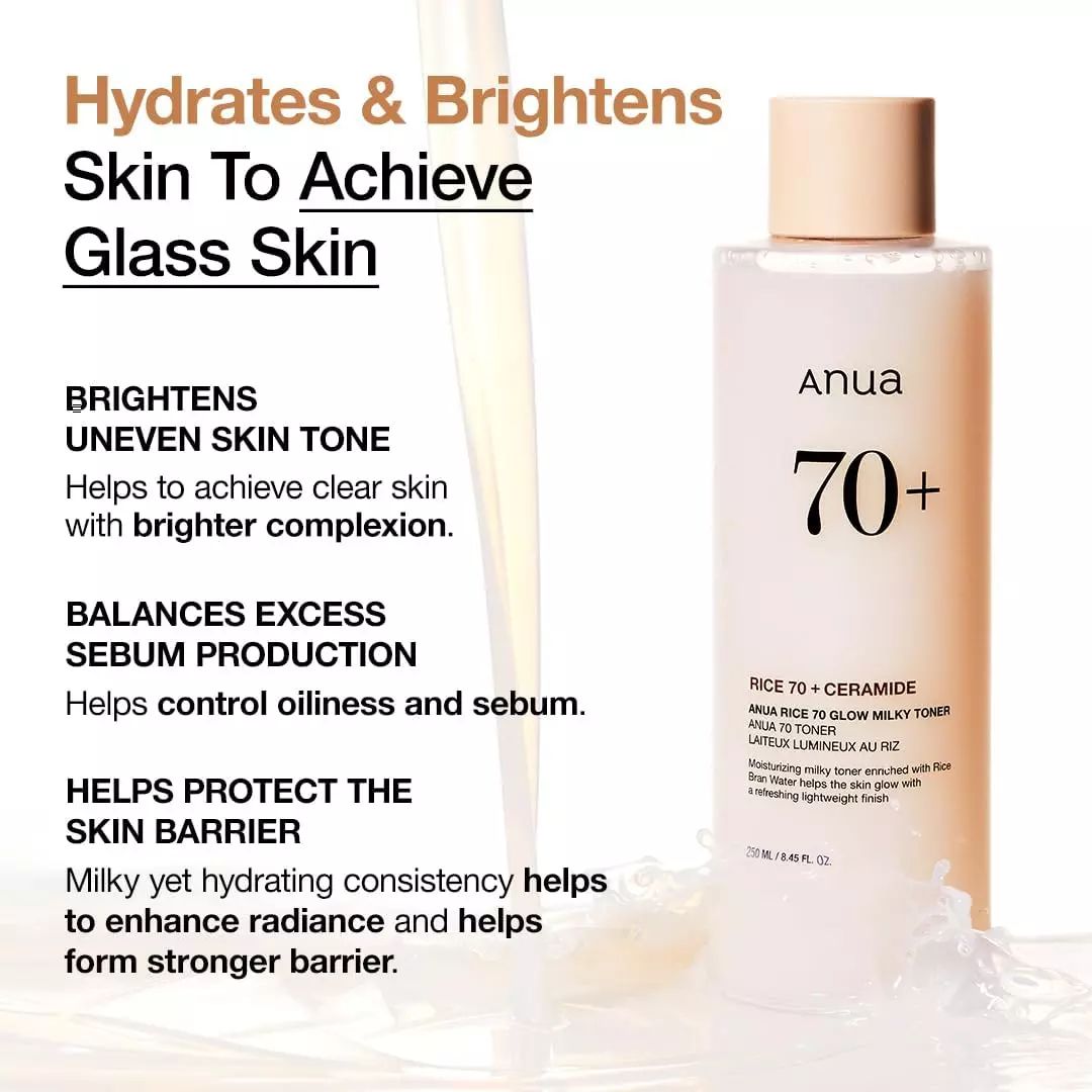 Anua Rice 70 Glow Milky Toner with Niacinamide. Brightens, Evens the skin tone, Smoothens, Moisturizes,Gives a Glowing Glass Skin, Clarifies, Reduce excess oil & sebum and Promotes a radiant look