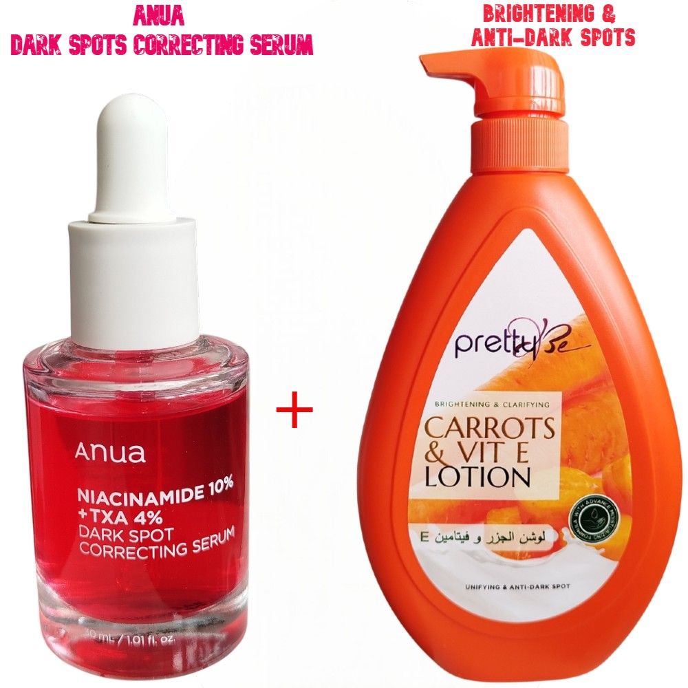 Anua 10% Niacinamide + TXA 4% Dark Spot Correcting Serum + Pretty Be Carrot Anti-Dark Spots & Brightening Body Lotion. Moisturizes, Removes Dark Spots, Hyperpigmentations, Brightens, Clarifies & Unify