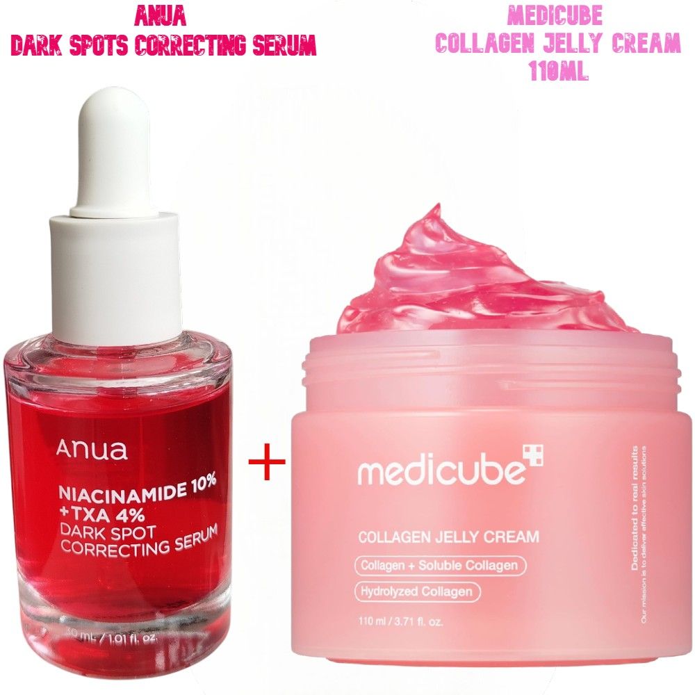 Anua 10% Niacinamide + TXA 4% Dark Spot Correcting Serum + Medicube Collagen Jelly Cream with Niacinamide. Moisturizes, Glows, Brighten, Removes Dark Spots, Hyperpigmentations, Wrinkles, Firms & Evens