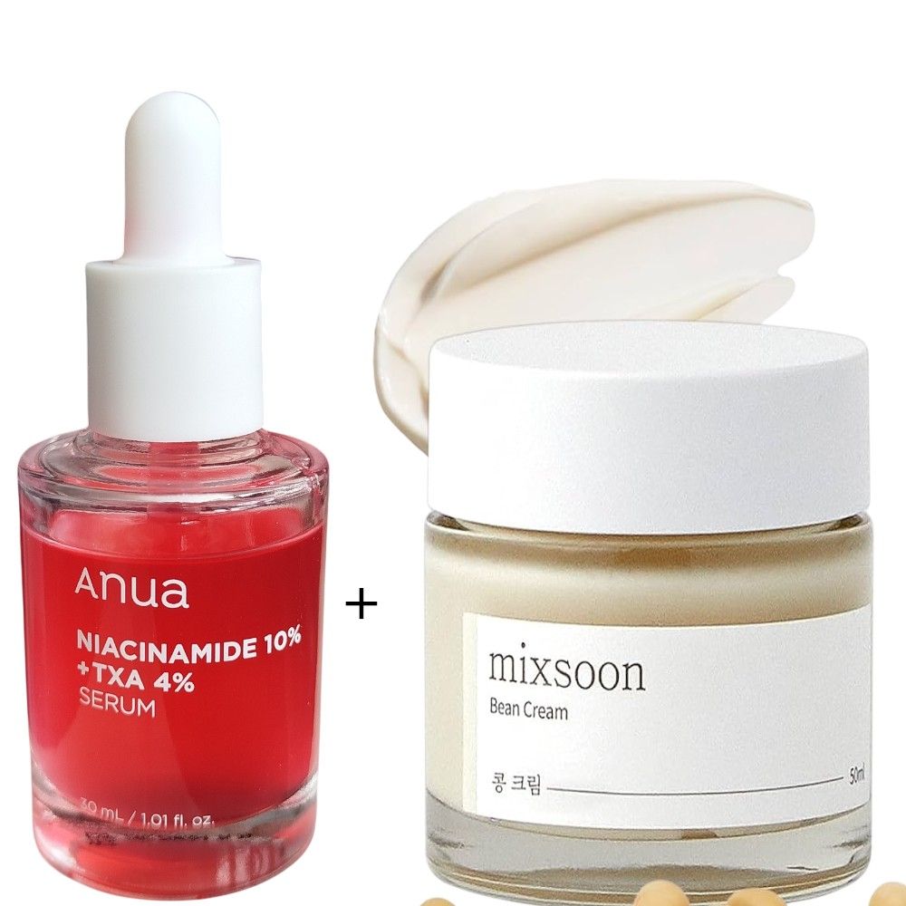 Mixsoon bean Cream + Anua Niacinamide 10% + TXA 4% Brightening Serum. Moisturizes, Brightens, Stimulate Collagen Production, Firms, Exfoliates, Evens, Fade Dark Spots & Hyperpigmentations & Evens