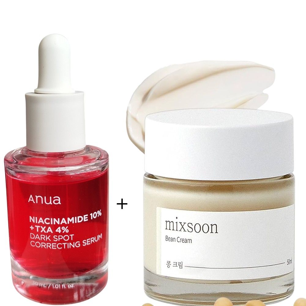 Anua Niacinamide 10% + TXA 4% & Arbutin Dark Spot Correcting Serum + Mixsoon bean Cream. Fades Dark Spots & Hyperpigmentations, Acne Scars,Offers UV-Protection, Moisturizes, Boosts Collagen Production