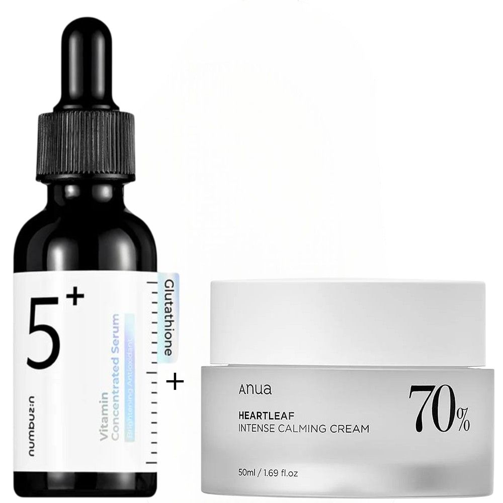 Numbuzin No.5+ Alpha Arbutin, Niacinamide & Glutathione Vitamin Concentrated Serum + Anua Heartleaf 70% Intense Calming Cream. Moisturizes, Removes Wrinkles, Dark Spots, Acne Marks, Glows &  Evens