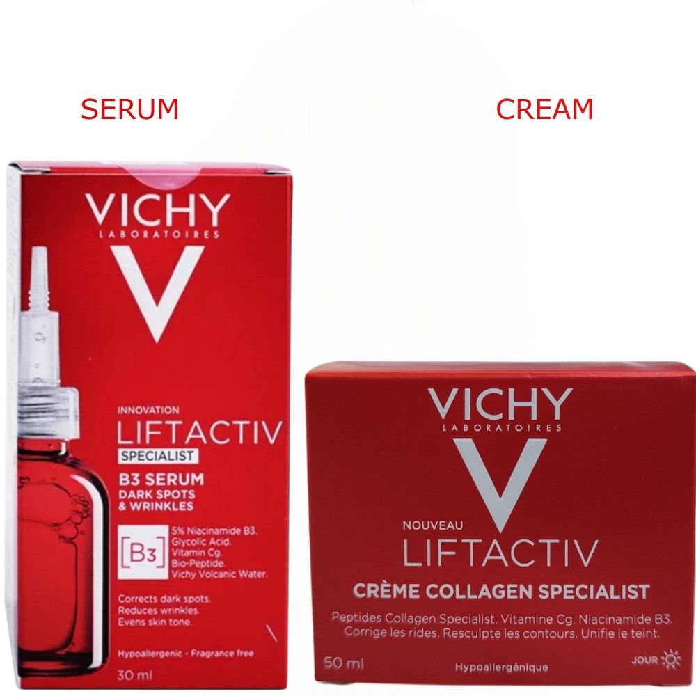 Vichy Liftactiv Collagen Specialist Face Cream with Niacinamide B3 & Vitamin Cg + Niacinamide(B3), TXA & Glycolic Acid Face Serum. Moisturizes, Removes Dark Spots, Skin Dullness, Wrinkles & Exfoliates