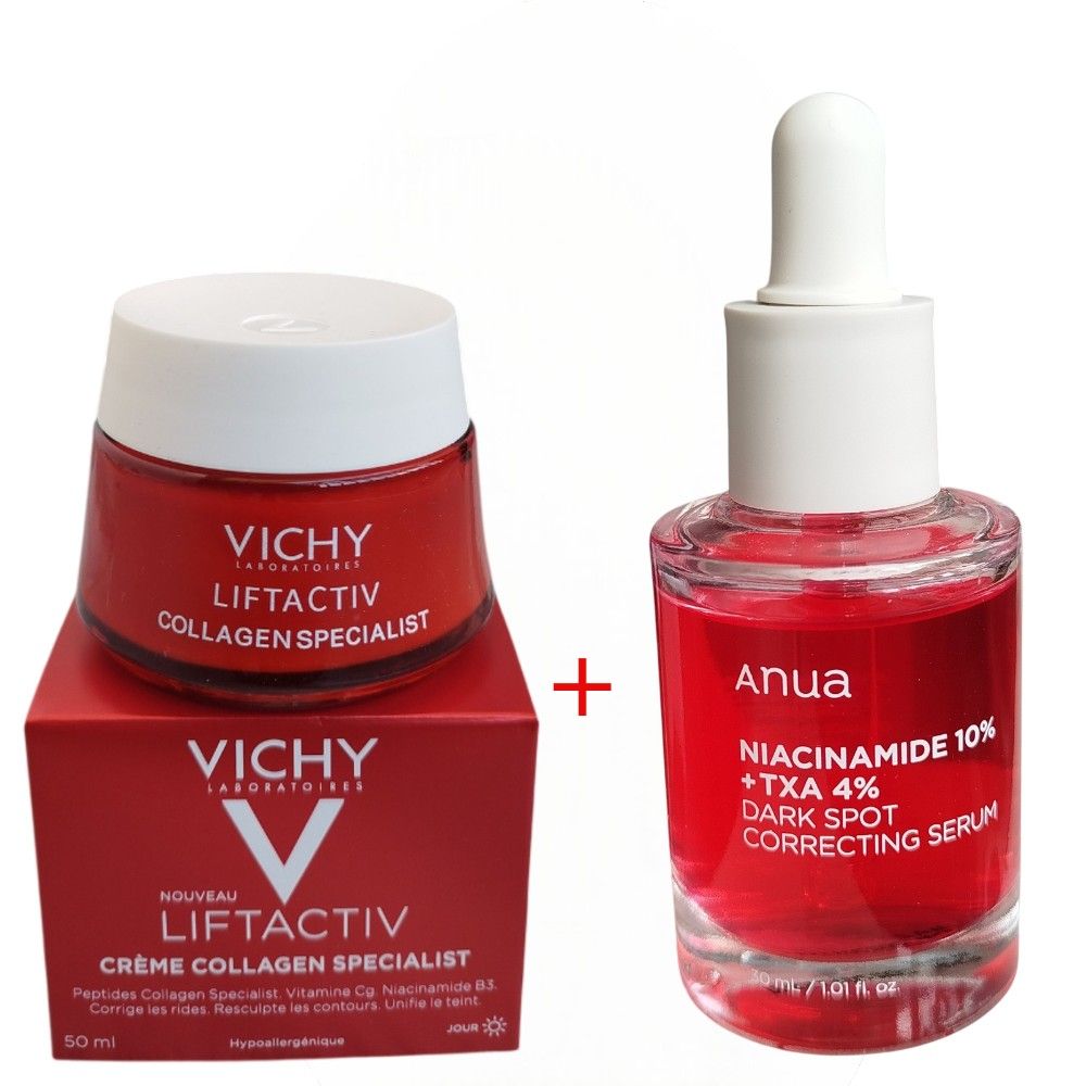 Anua Niacinamide 10% + TXA 4% Brightening Serum + Vichy Niacinamide B3 & Vitamin Cg  Collagen Specialist Face Cream. Moisturizes, Removes Dark Spots, Hyperpigmentations, Wrinkles, Brightens & Glows