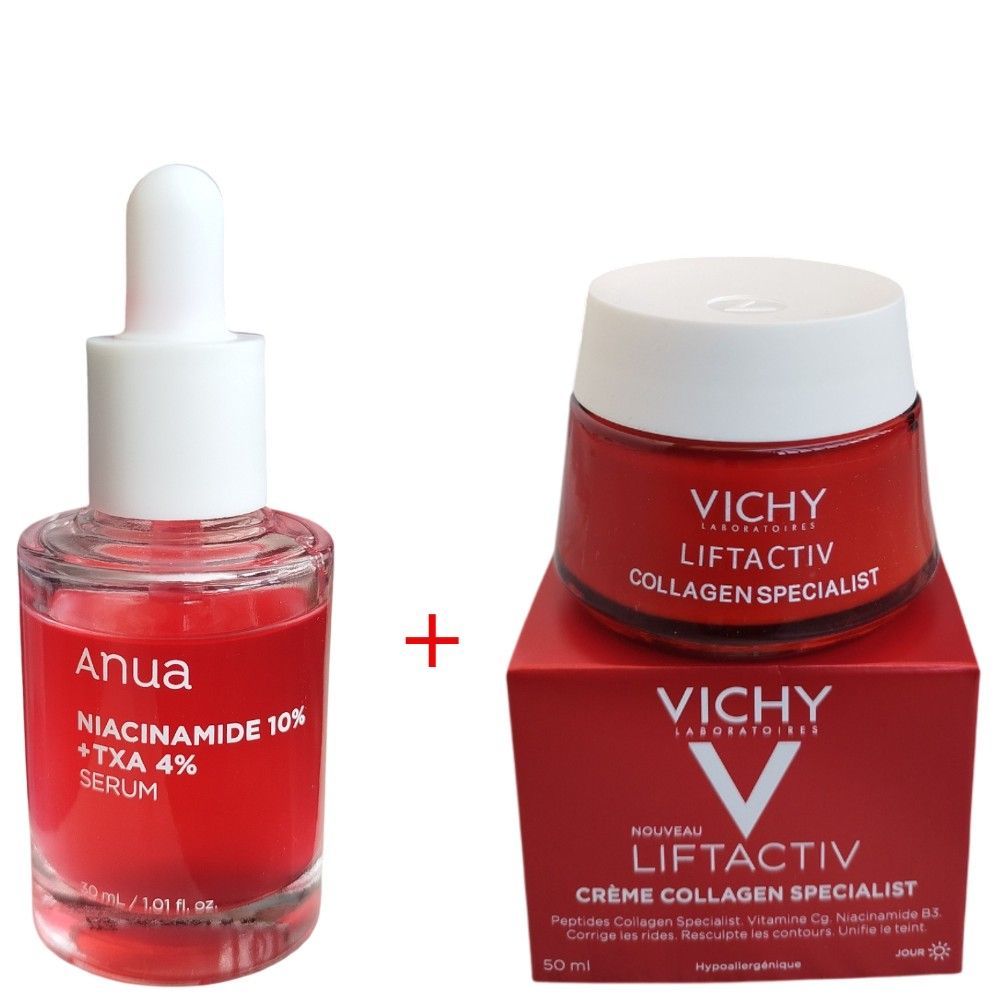 Vichy Collagen Specialist Face Cream + Anua Niacinamide 10% + TXA 4% Serum. Moisturizes, Removes Dark Spots, Hyperpigmentations, Skin Dullness, Wrinkles, Brightens, Smooths,  & Glows