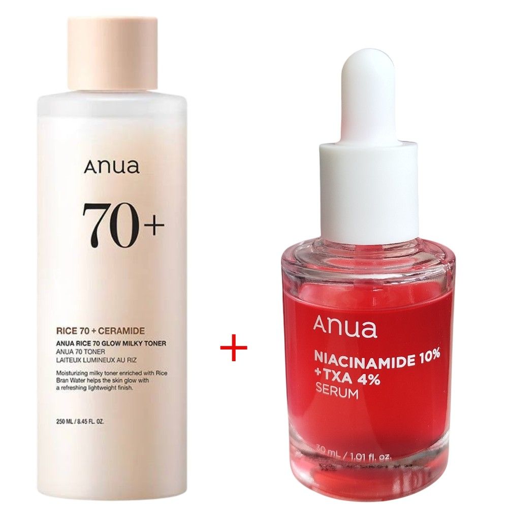 Anua Rice 70 Glow Milky Toner with Niacinamide + Anua Niacinamide 10% + TXA 4% Brightening Serum. Moisturizes, Brightens Dull Skin, Hyperpigmentations, Gives a Glowing Glass Skin & Reduce excess oil