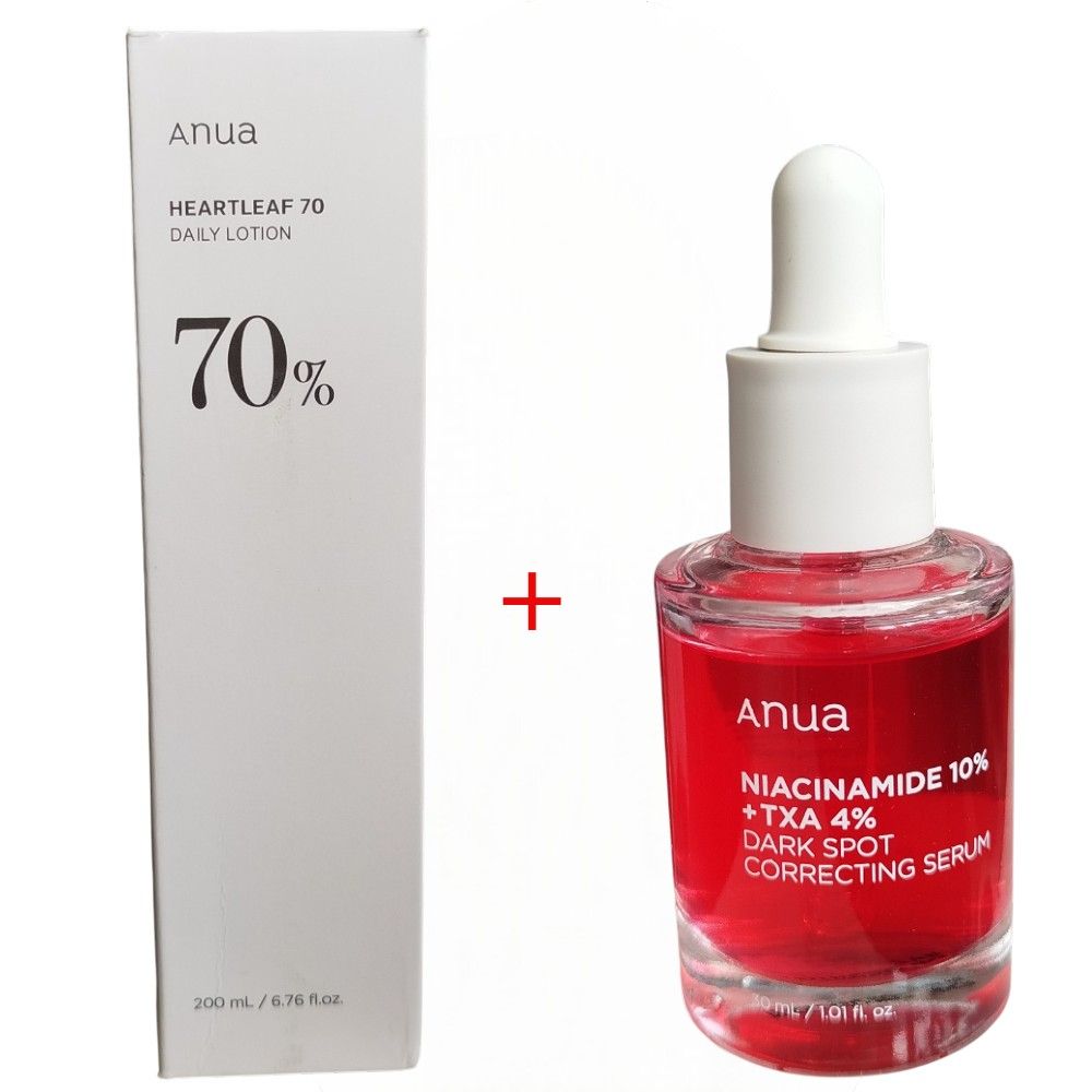 Anua Hearleaf 70% Body Lotion + Anua Niacinamide 10% + TXA 4% Dark Spot Correcting Serum. Moisturizes, Removes Dark Spots, Hyperpigmentations, Discolorations, Acne Scars, Glows, Brighten & Soothes