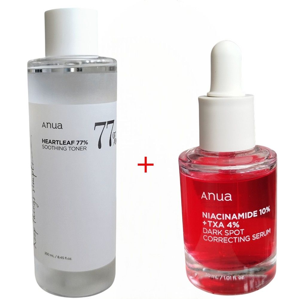 Anua Heartleaf 77% Soothing Toner + Anua Niacinamide 10% + TXA 4% Dark Spot Correcting Serum. Moisturizes, Removes Dark Spots, Brightens, Soothes, Tones, Moisturizes, Balances PH, Clarifies & Evens