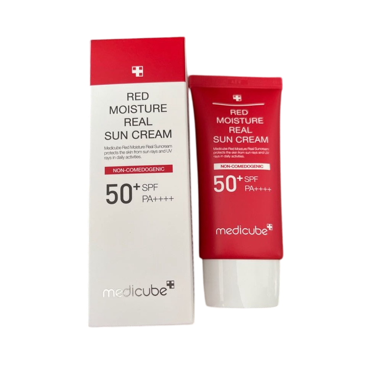 Medicube Red Moisture Real Sun Cream SPF 50+. Protects the skin from sunlight, Blocks UV Rays, Moisturizing, Prevent skin aging, pigmentation, freckles, blemishes & provides tight UV protection.