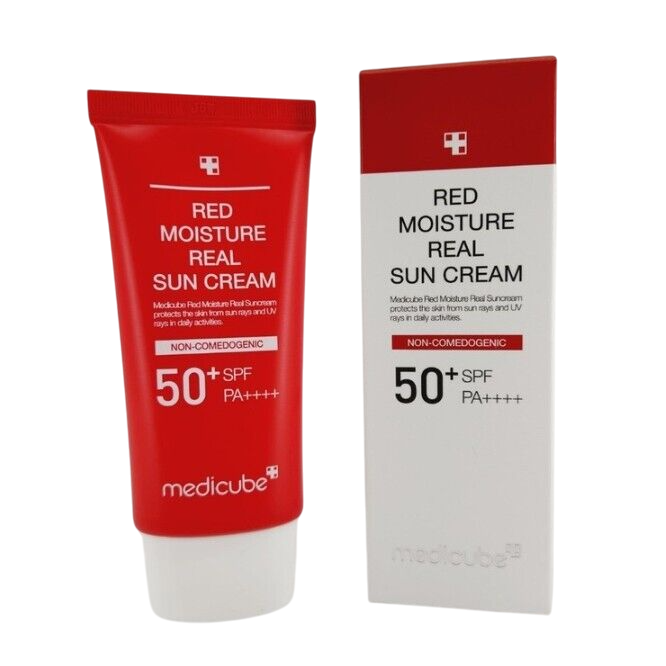 Medicube Red Moisture Real Sun Cream SPF 50+. Protects the skin from sunlight, Blocks UV Rays, Moisturizing, Prevent skin aging, pigmentation, freckles, blemishes & provides tight UV protection.