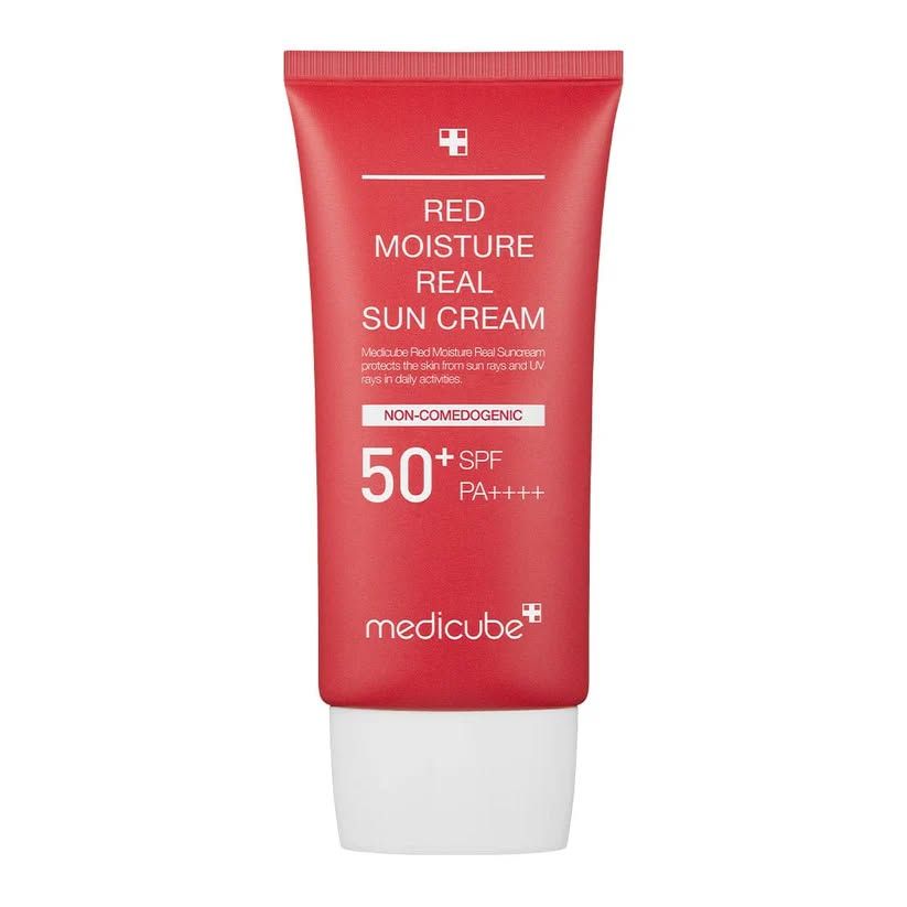 Medicube Red Moisture Real Sun Cream SPF 50+. Protects the skin from sunlight, Blocks UV Rays, Moisturizing, Prevent skin aging, pigmentation, freckles, blemishes & provides tight UV protection.