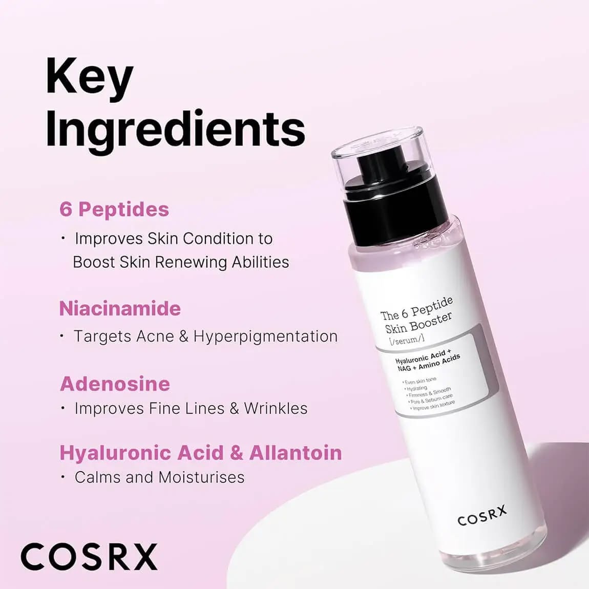 Cosrx The 6 Peptide Skin Booster Serum with Niacinamide. Moisturizes, Unclogs Pores, Smooth Wrinkles, Fine Lines, Firms, Soothes, Evens, Brightens, Clarifies, Reduce Pigmentation, Breakouts & Acne.