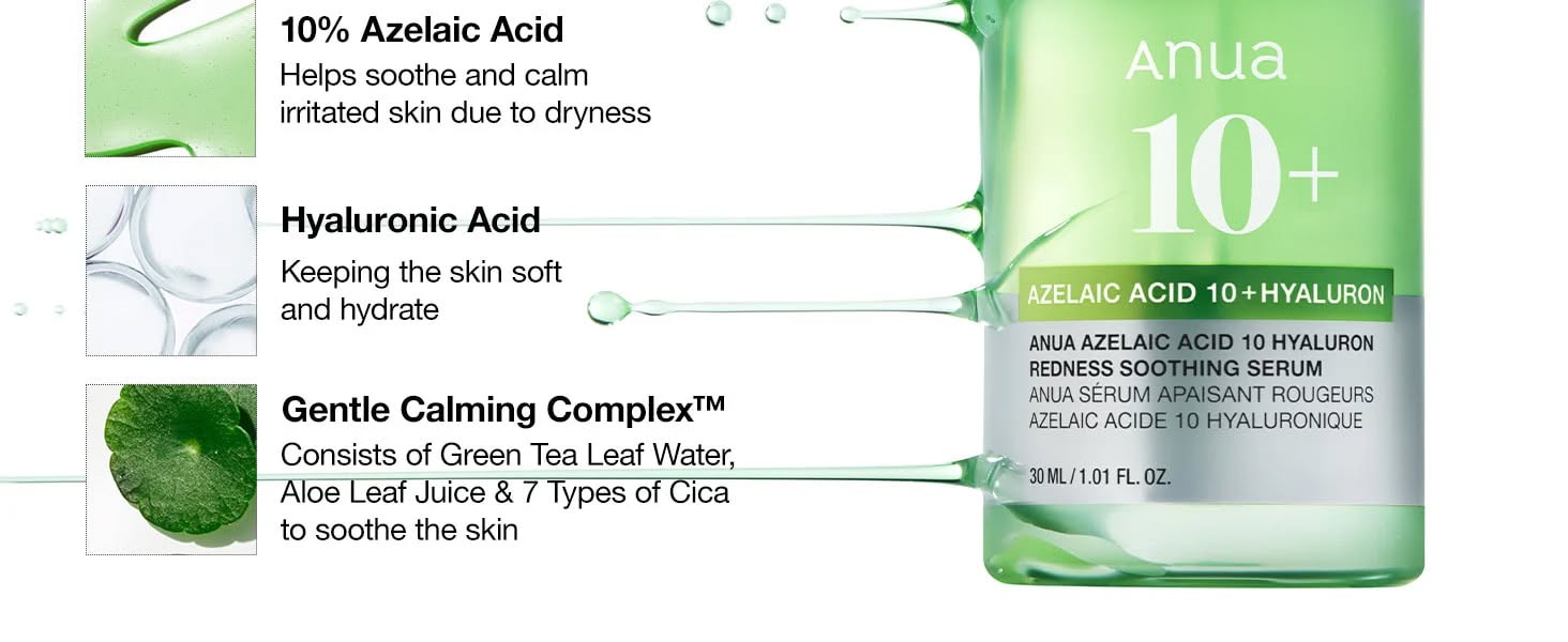 Anua 10+ Azelaic Acid 10 + Hyaluron Serum. Hydrates, Treats & Calms Acne, Rosacea, Soothes Redness & Irritations, Fades Acne Marks, Hyperpigmentations, Spots, Smooths, Soften, Evens skin tone & Glows